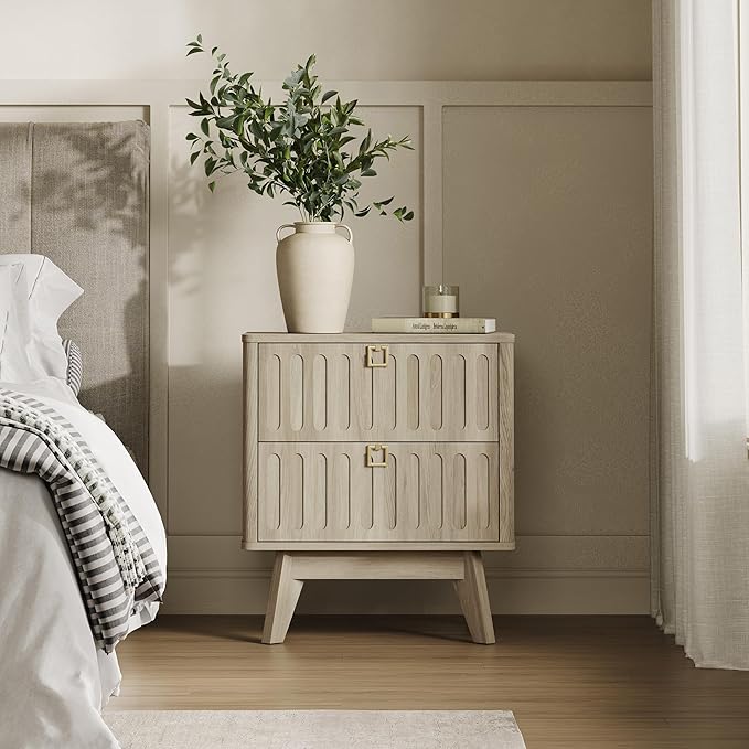 SICOTAS Nightstand Set of 2, Modern Bedside Tables with 2 Drawers, Stable Bedroom Nightstands with Textured Drawer Front and Gold Hardware for Bedroom, Apartment