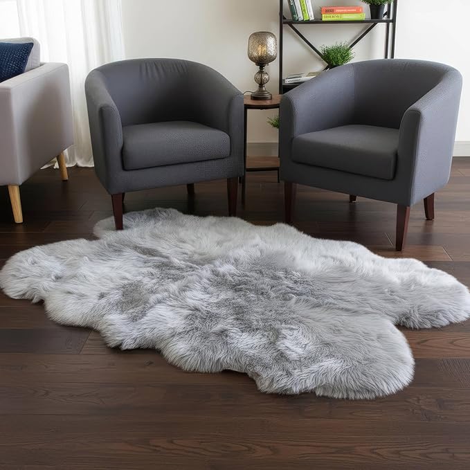 Silver Gray Sheepskin Rug for Bedside - 4x6 Sheep Skin Living Room Rugs - Soft & Fluffy Textured Natural Fur Bedroom Rug
