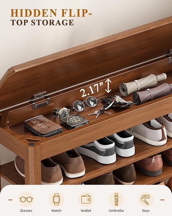 Shoe Rack Bench Seat Rubberwood 3-Tier Wooden Storage Bench 550lbs Compact Mid-Century Modern Design for Entryway, Hallway, Closet, Front Door Entrance, Foyer