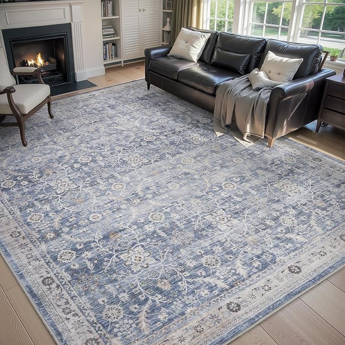 MontVoo-Vintage Area Rug 6X9 Blue Rugs for Living Room-Soft Distressed Printed Rugs for Bedroom-Non Slip Carpet-Machine Washable Rug for Dining Room Living Room Bedside Office