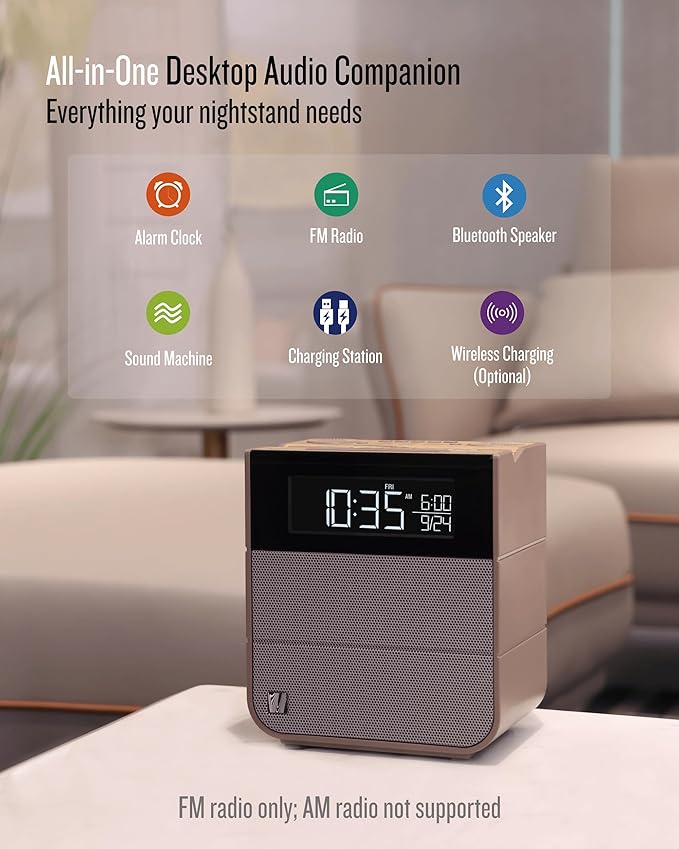 Soundfreaq Sound Rise II, SFQ-16: Bedside Alarm Clock Radio & Bluetooth Speaker, with Large Display Screen, FM Radio, Fast USB Charging, and Nature Sound (Wood Taupe)