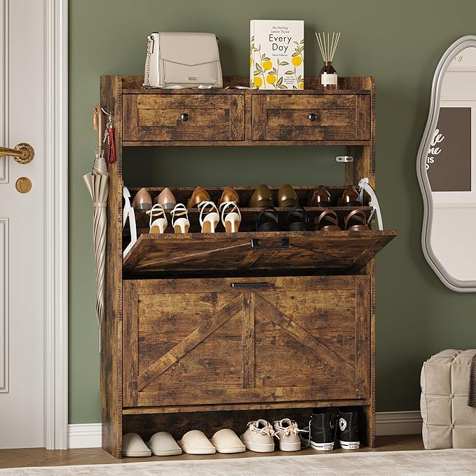 Shoe Storage Cabinet for Entryway, Farmhouse Narrow Shoe Cabinet with 2 Flip Drawers & Top Drawers, Adjustable Shelves & Hooks, Freestanding Hidden Rack Organizer for Hallway, Foyer