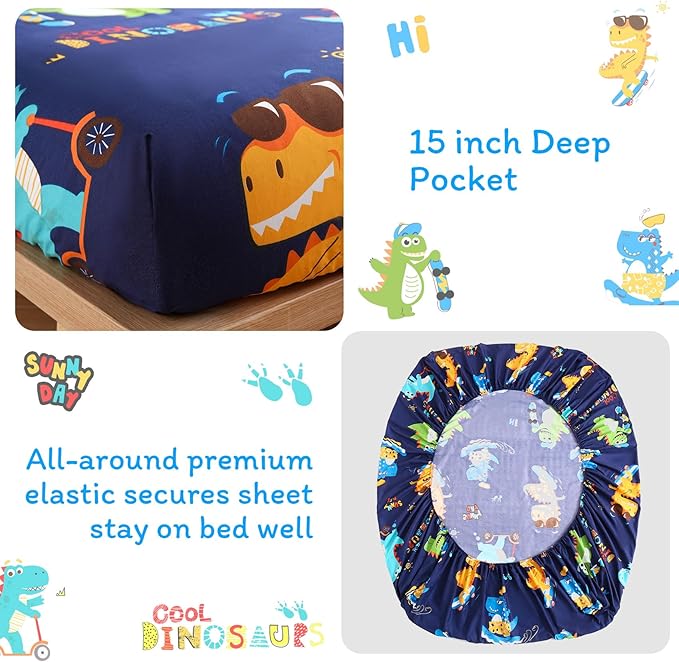 JSD Blue Dinosaur Kids Sheet Set Full Size, 4 Piece Sports Printed Microfiber Sheets Deep Pocket