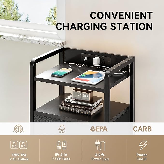 Night Stand Bedside Table Bedroom - Tall Nightstand with Charging Station & LED Light Strip, Bed Side Table with Storage Shelf & 4 Fabric Drawers, 2 U-S-B Ports & 2 AC Outlets