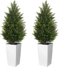 4FT Tall 2 Set Artificial Topiary Cedar Tree, Indoor Realistic Faux Cypress Plants with Square Flowerpot, Outdoor Evergreen Fake Shrubs for Home Living Room Front Porch Decor