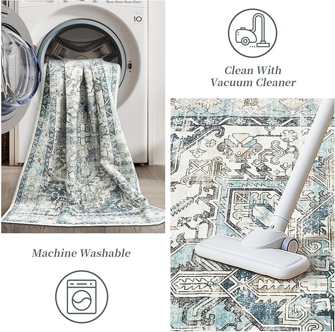 zesthome 5x7 Washable Rug-Stain Resistant Area Rugs for Living Room, Ultra-Thin Vintage Rugs, Non-Slip Backing Rug, Low Pile Large Area Rug, Boho Home Decor