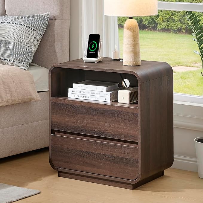 Farmhouse Night Stand, 25" Tall Wooden Nightstand with Charging Station, 2 Storage Drawers Bedside Table Curved Profile, Handleless, Large End Table Side Table for Bedroom, Office, Walnut