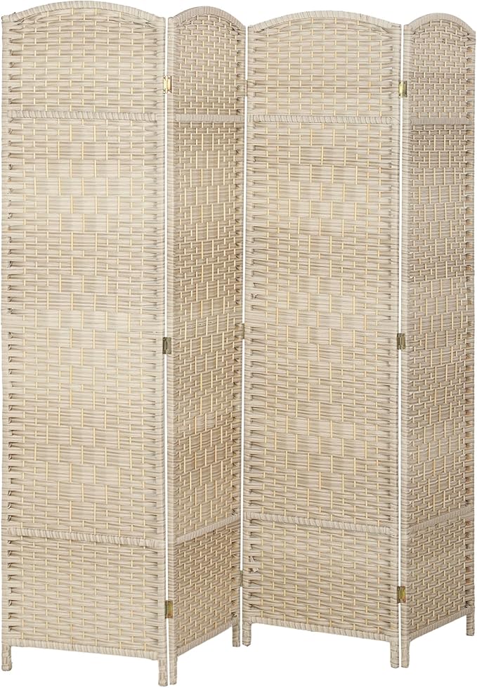 HOMCOM 4 Panel Room Divider, 6' Tall Folding Privacy Screen, Hand-Woven Freestanding Wall Partition for Home Office, Bedroom, Washed Oak