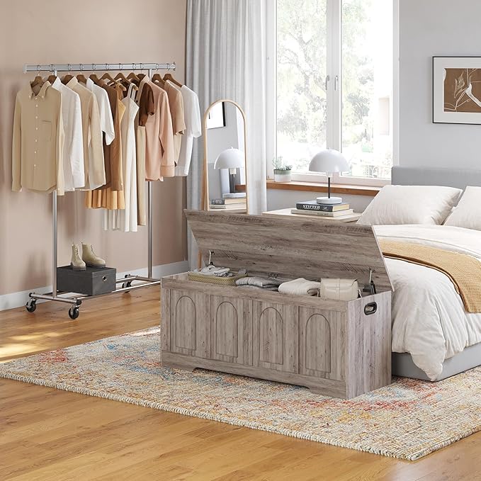 DINZI LVJ Storage Chest, 47.2" Rattan-Like Toy Box with 2 Safety Hinges, Wooden Entryway Storage Bench with Flip-Top, Large Trunk for Living Room, Bedroom, Easy Assembly, Greige