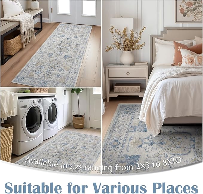 jinchan Hallway Runner Rug 2x8 Machine Washable - Vintage Floral Non-Slip Low-Pile Soft Ultra-Thin Faux Wool Kitchen Rug Distressed Carpet Runner for Farmhouse Bedroom Laundry Room (2x8ft, Blue)
