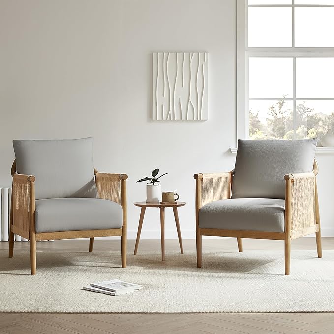CHITA Braid Accent Chair, Modern Armchair with Solid Wooden Armrest for Living Room and Bedroom, Boho Reading Chair, Light Grey