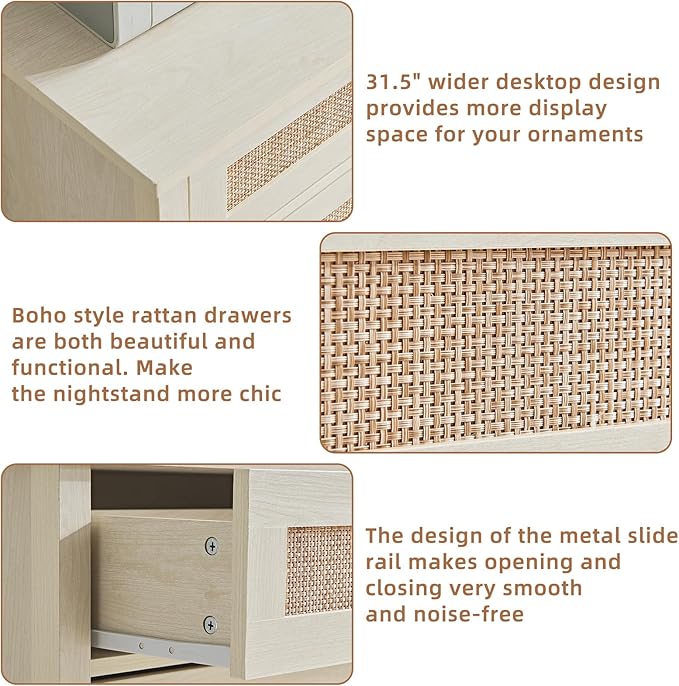LEYAOYAO 31.5" Wide Rattan Night Stand, Large Boho Nightstand, Bedside Table with Storage, Tall Bed Side End Tables, Chest of Drawers for Bedroom, Living Room, Hallway（Grey,3 Drawers,2）