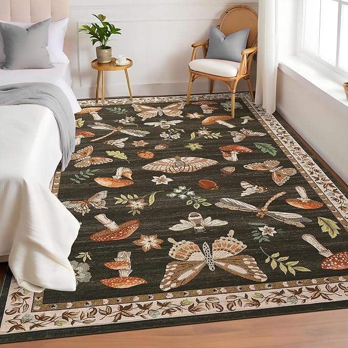 Mushroom Washable Area Rug 6x9 Rugs for Living Room Soft Low-Pile Stain Resistant Thin Carpet for Bedroom Dining Nursery Non Slip Mat with Rubber Brown