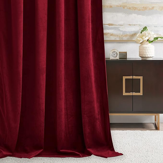 RYB HOME Red Velvet Curtains 102 inches, Back Tab Soft Fabric Room Darkening Thermal Insulated Luxurious Home Decor Curtains for Living Room Bedroom, W 52" x L 102", 2 Panels Set