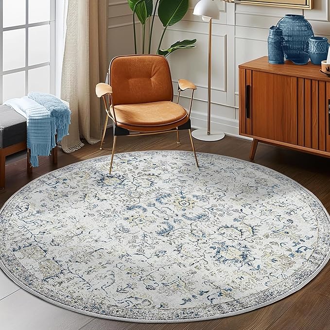 jinchan Kalen Round Rug 6ft Area Rug Washable Vintage Indoor Retro Accent Floor Cover Distressed Floral 6' Round Circle Boho Non Slip Thin Carpet for Living Room Dining Room Bedroom Kitchen Blue