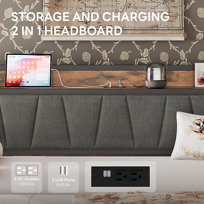 LIKIMIO Daybed with Trundle Bed, Twin Bed Frame with Storage Headboard and Charging Station, Sofa Day Bed with Strong Supports for Living Room, Bedroom, and Guest Room, Grey