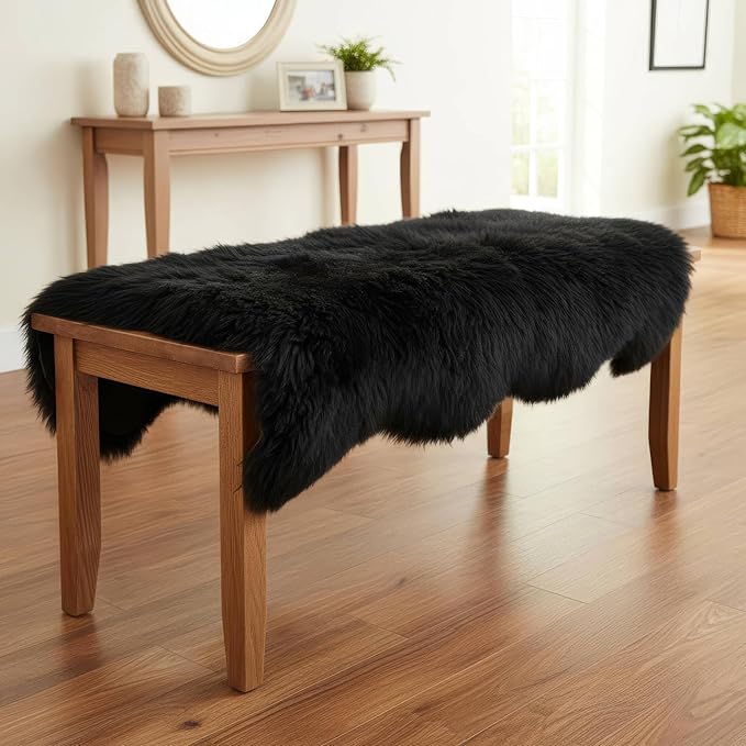 Authentic Black Sheepskin Rug 2x6 ft, Genuine Double Pelt Fluffy Fur Area Rug for Bedroom, Living Room & Home Decor, Soft Natural Sheep Skin Throw
