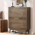 Shoe Storage Cabinet with Hand-Carved Raised Embossed 2 Flip Drawers,Slim Shoe Rack Cabinet, Narrow Shoe Cabinet Storage for Entryway Entrance, Freestanding Shoe Organizer Cabinet (Walnut)