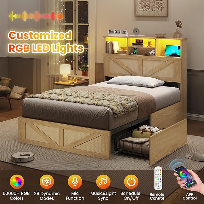 VIAGDO Rattan Bed Frame Twin Size with Bookcase Storage Headboard, Charging Station and LED Lights, Wooden Twin Bed Frames with 4 Drawers, Barn Door Design, No Box Spring Needed, No Noise, Natural