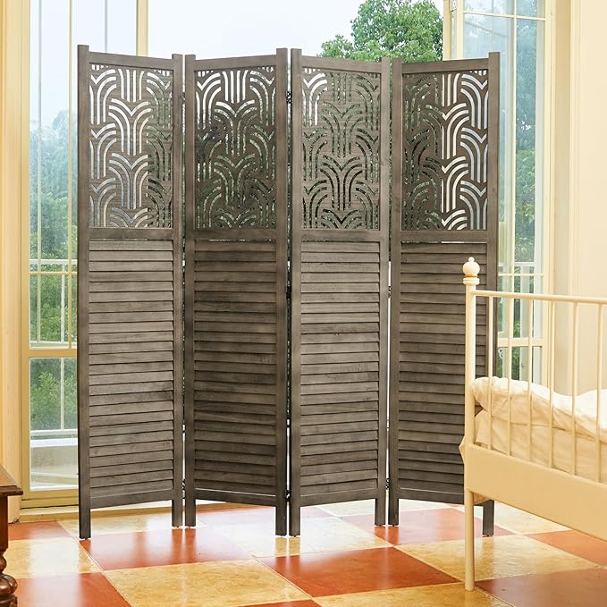 Svimi Folding Room Divider, 66.9 Inch 4 Panels Wood Carved Privacy Screens, Free Assembled Freestanding Portable Separation Wall for Home Office Restaurant Bedroom (Gray)