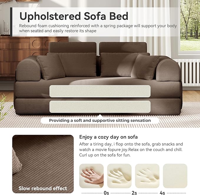 Upgrade High Backrest Design Sofa Bed with Fixed-Shape Frame & Removable Armrests and Backrest, Corduroy Fabric, Convertible Mattress Couch for Small Spaces - No Assembly Needed (High Backrest Brown)