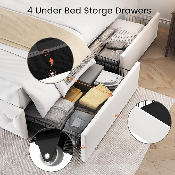 LARMACE King Size Bed Frame with 4 Storage Drawers and Wingback Headboard Velvet Upholstered Platform Bed Frame Tufted Beds with Wooden Slats Support, Easy Assembly, White