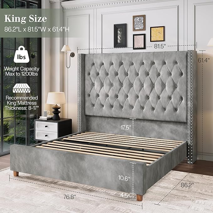 Jocisland King Size Bed Frame with 61.4" Tall Headboard, Velvet Upholstered Wingback Platform Design, Handcrafted Pleats& Deep Button Tufted, Solid Wood Legs, No Box Spring Needed, Gray