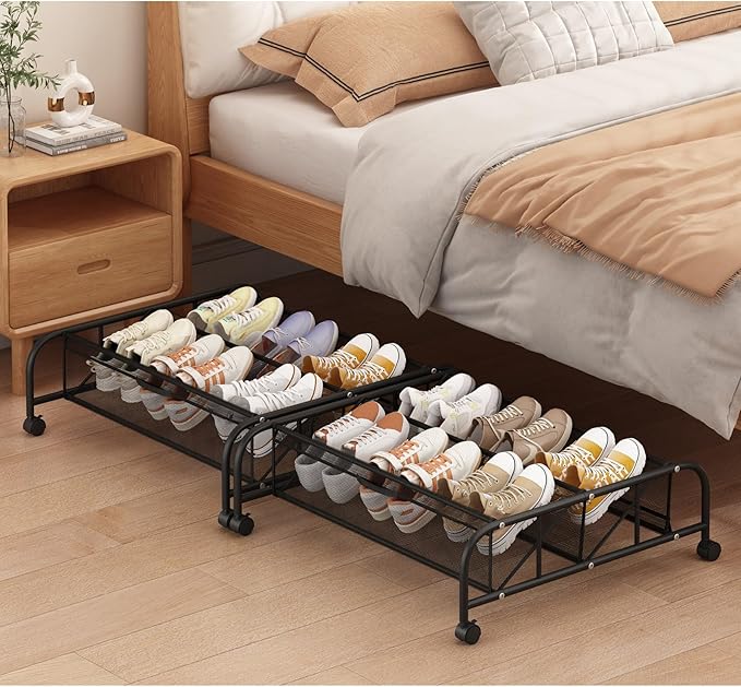 2 Tier Shoe Rack Underbed Organizer Storage Rack with Wheels Woven Mesh Cloth Shoe Organizer Drawer Space Saving for Bedroom (Black, 2 Pack)