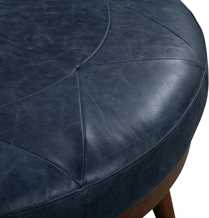 POLY & BARK Gio Ottoman – 30” Round with Feather-Down Topper – Full-Grain Leather Upholstery – Couch Ottoman for Living Room – Vintage Italian Leather in Midnight Blue