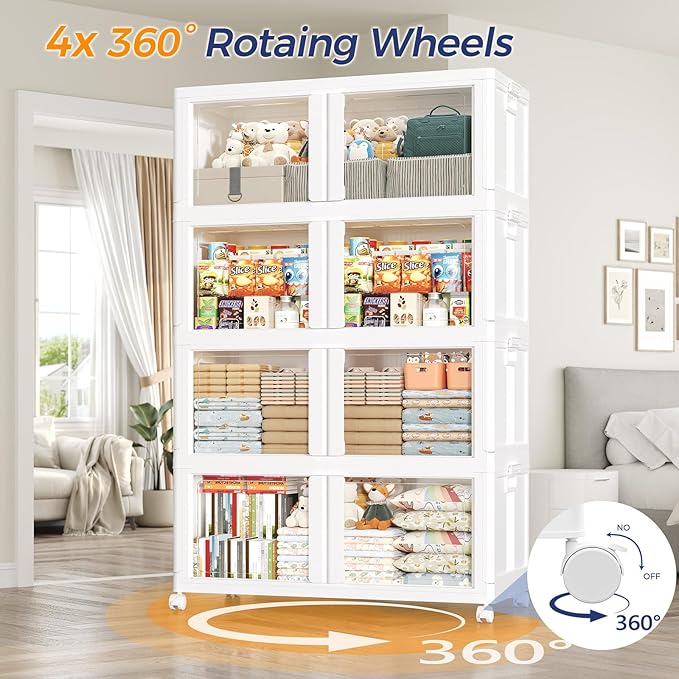150GAL Large Stackable Storage Bins with Lid and Wheels, 600Qt Collapsible Organizer Cabinet with Clear Door, for Closet, Bedroom, Kitchen, Garage, 5-Pack White