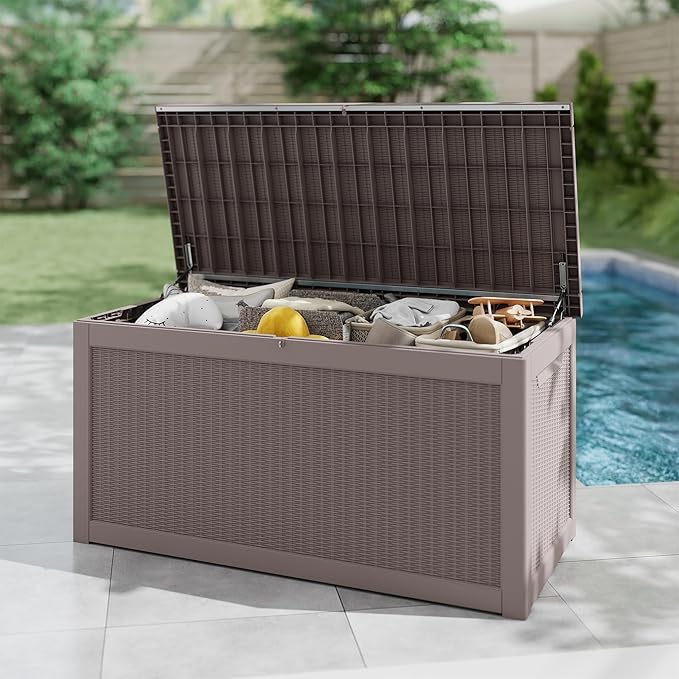 320 Gallon Outdoor Storage Box Waterproof, Resin Deck Boxes with Lockable Lid & UV-Resistant for Patio, Pool, Garden Furniture Cushions & Accessories, Coffee