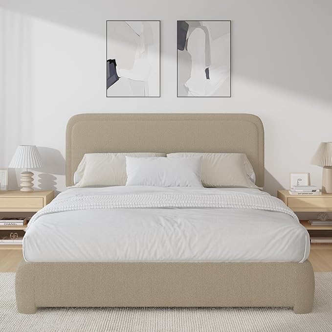 BarnFurin Full Size Bed Frame,Cloud Boucle Upholstered Platform Bed Frame with Headboard, Modern Style, Soft Rounded Corners, No Box Spring Required, Easy Assembly, Beige