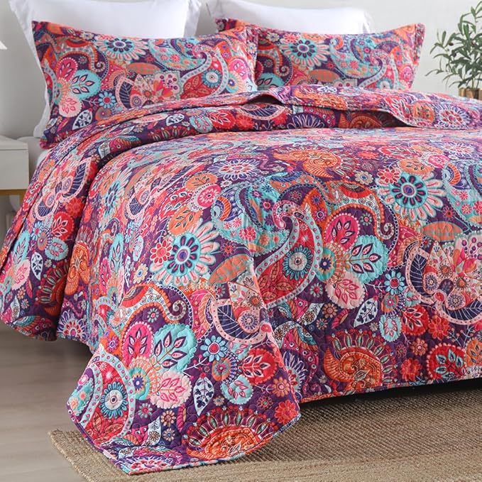 Cotton Bedspread Quilt Sets Reversible Bedding Coverlet Sets Comforter Paisley Floral Bohemian Bedspread,Bohemian Red Gorgeous Pattern,Queen Size