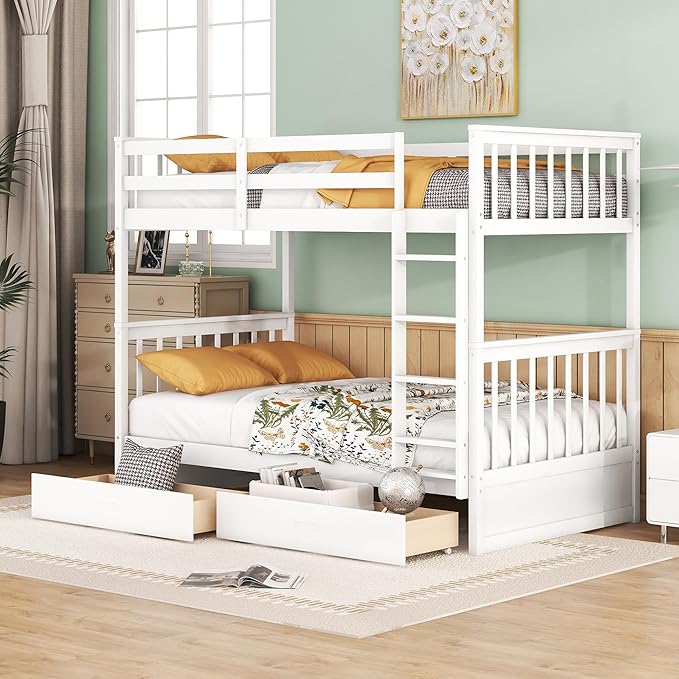 Merax Wood Bunk Bed with Drawers,Convertible Bunk Bed with Ladders and Two Storage Drawers,Solid Wood Detachable Bed Frame with Ladders,Twin Over Twin Size,White