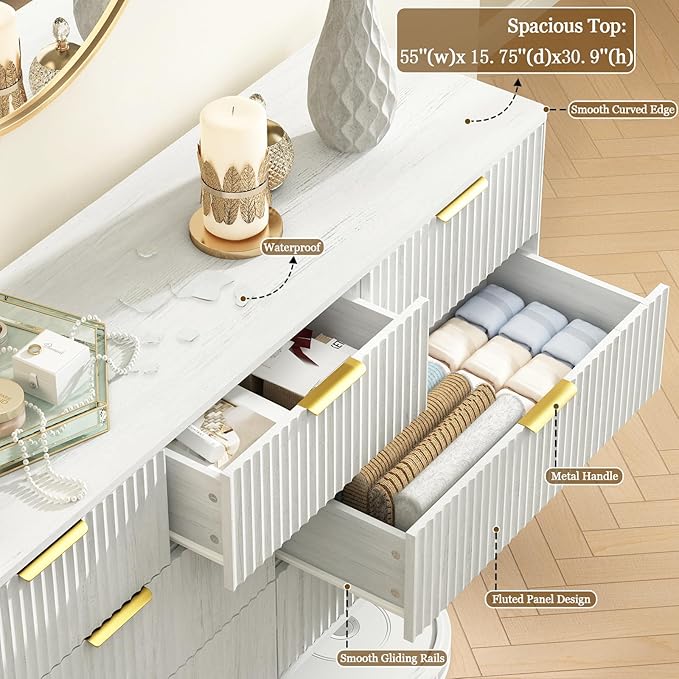 CARPETNAL Fluted 7 Drawer Dresser for Bedroom, 55" Wide Wooden Chest of Drawers with Rounded Corners, Gold Handles, Modern Storage Organizer for Bedroom, Hallway(White)