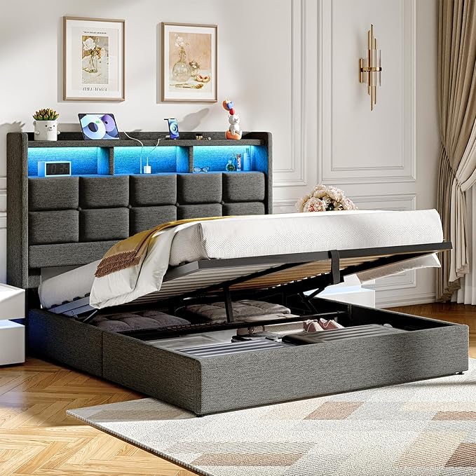 Lift Up Full Size Bed Frame with Storage, Upholstered Full Bed Frame with LED Lights Headboard and Charging Station, No Box Spring Needed, Easy Assembly - Dark Grey