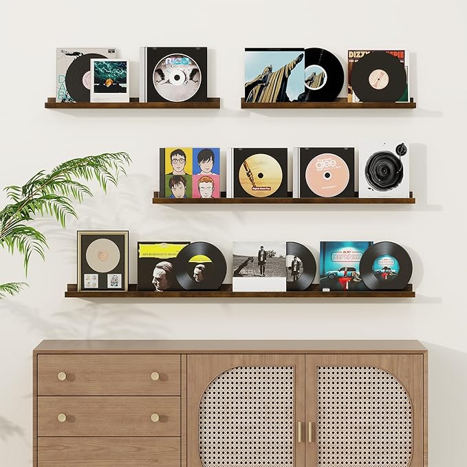Fun Memories Picture Ledge Shelf, Solid Pine Wood Floating Shelves Set of 4, 16 Inches Nursery Book Shelves for Toys Storage, Kids Bookshelf Wall Mounted for Living Room Decor Photo Frames, Walnut