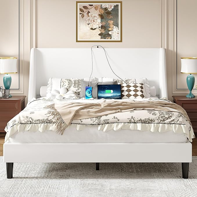 VECELO Full Bed Frame with Upholstered Wingback Headboard, Heavy-Duty Platform Bedframe with Charging Station, Wooden Slats, No Box Spring Needed, White