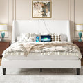 VECELO Full Bed Frame with Upholstered Wingback Headboard, Heavy-Duty Platform Bedframe with Charging Station, Wooden Slats, No Box Spring Needed, White