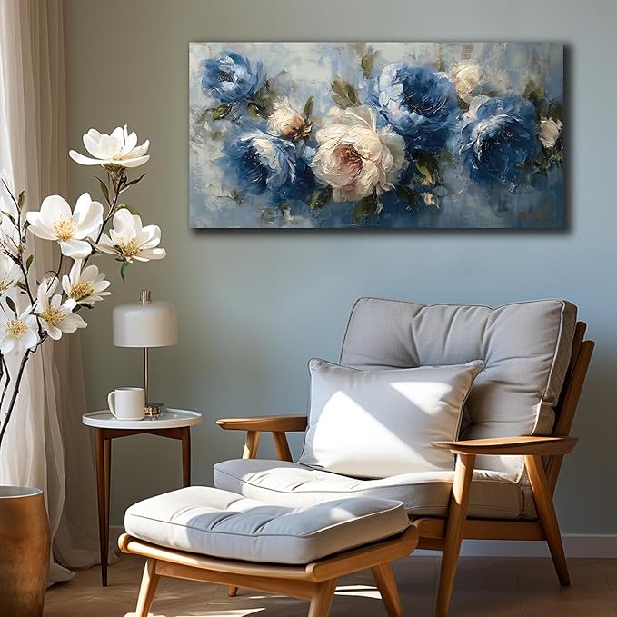 JuhaiArt Peony Floral Wall Art Bedroom Blue Wall Decor White Wall Picture Flower Artwork for Living Room Office 20" x 40"