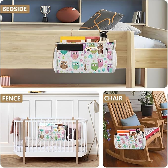 Bedside Caddy Hanging Bunk Bed Caddy Bed Organizer Hanging Pocket with 2 Hooks Bedside Storage Organizer Pocket Bag Holder Colorful Owls and Flowers