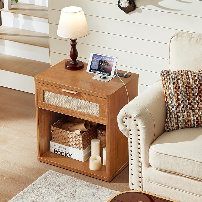 LEYAOYAO Rattan Dresser and Nightstand Sets 3 Piece, Boho Wood Dresser for Bedroom with 6 Drawers and Night Stand with Charging Station, Bedroom Furniture, Dressers & Chests of Drawers, Living Room