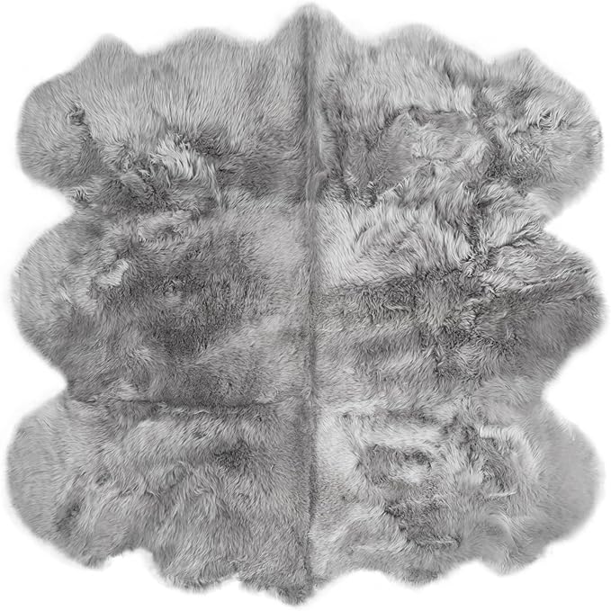Premium Genuine Sheepskin Rug 5' x 6' Long Fur Soft & Natural Shaggy Living Room Rug, Silver Gray, Six Pelt