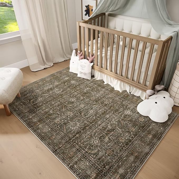 Washable 4x6 Rugs for Living Room, Boho Non-Slip Vintage Distress Small Rugs for Bedroom Nursery Office, 0.3" Neutral Oriental Throw Thin Carpet with Cushioning Pad, Rust/Multi