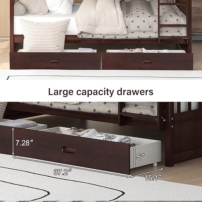 Merax Wood Bunk Bed with Drawers, Full Over Full Convertible Bunk Bed with Ladders and Two Storage Drawers,Solid Wood Detachable Bed Frame with Ladders, Espresso