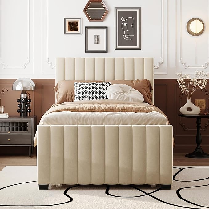 Twin Size Bed Frame with Trundle Bed,Velvet Upholstered Bed Frame,Twin Size Trundle Bed with Headboard,Upholstered Platform Bed Twin for Kids Teens Adults(Beige)