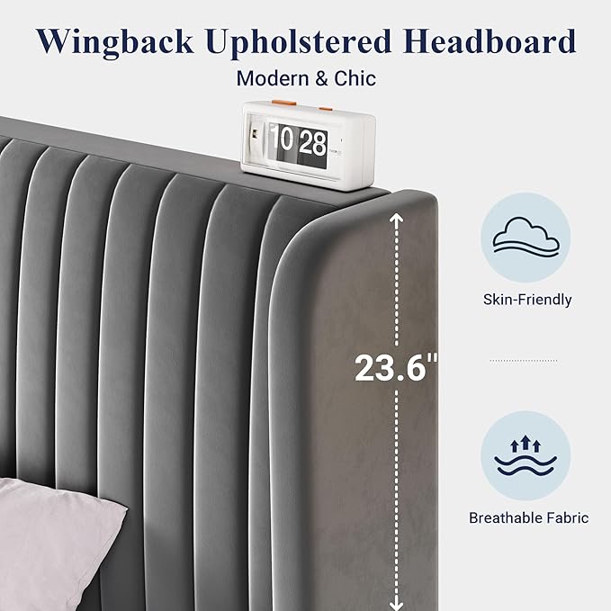 Allewie King Size Velvet Bed Frame/Vertical Channel Tufted Wingback Headboard/Upholstered Platform Bed/No Box Spring Needed/Strong Wooden Slats/Easy Assembly/Grey
