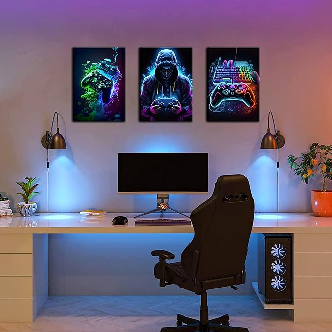 BGFCE Cool Gaming Canvas Wall Art Set of 3, Retro Video Game Watercolor Poster Pictures, Neon Gamepad Gamepad Painting Prints Game Room Bedroom Wall Decor 16x24 in Framed