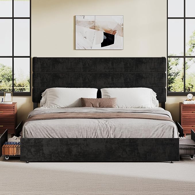 WLIVE King Size Upholstered Bed Frame with 4 Storage Drawers and Headboard, Velvet Platform Bedframe, Sturdy Metal & Wooden Slats Support, No Box Spring Needed, Easy Assembly, Black