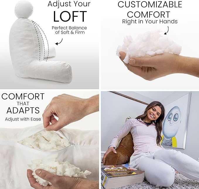 Husband Pillow Chocolate, Original Reading Pillow in Bed Rest Chair, Shredded Memory Foam Large Lounge Cushion Adult Backrest with Arms, Comfy Back Support for Sit Sitting Up, Wash/Removable Cover